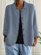 Blue Women's Button-Front Linen Jacket with Relaxed Fit