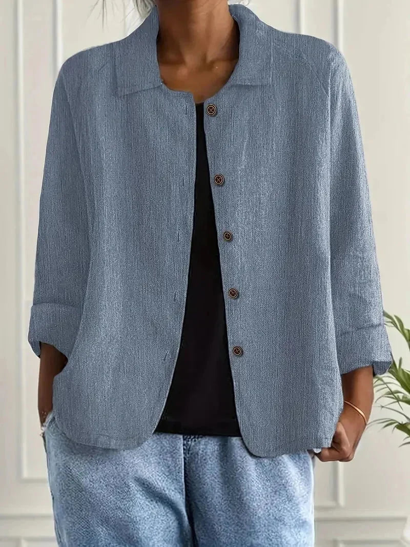 Blue Women's Button-Front Linen Jacket with Relaxed Fit