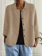 Khaki Women's Button-Front Linen Jacket with Relaxed Fit