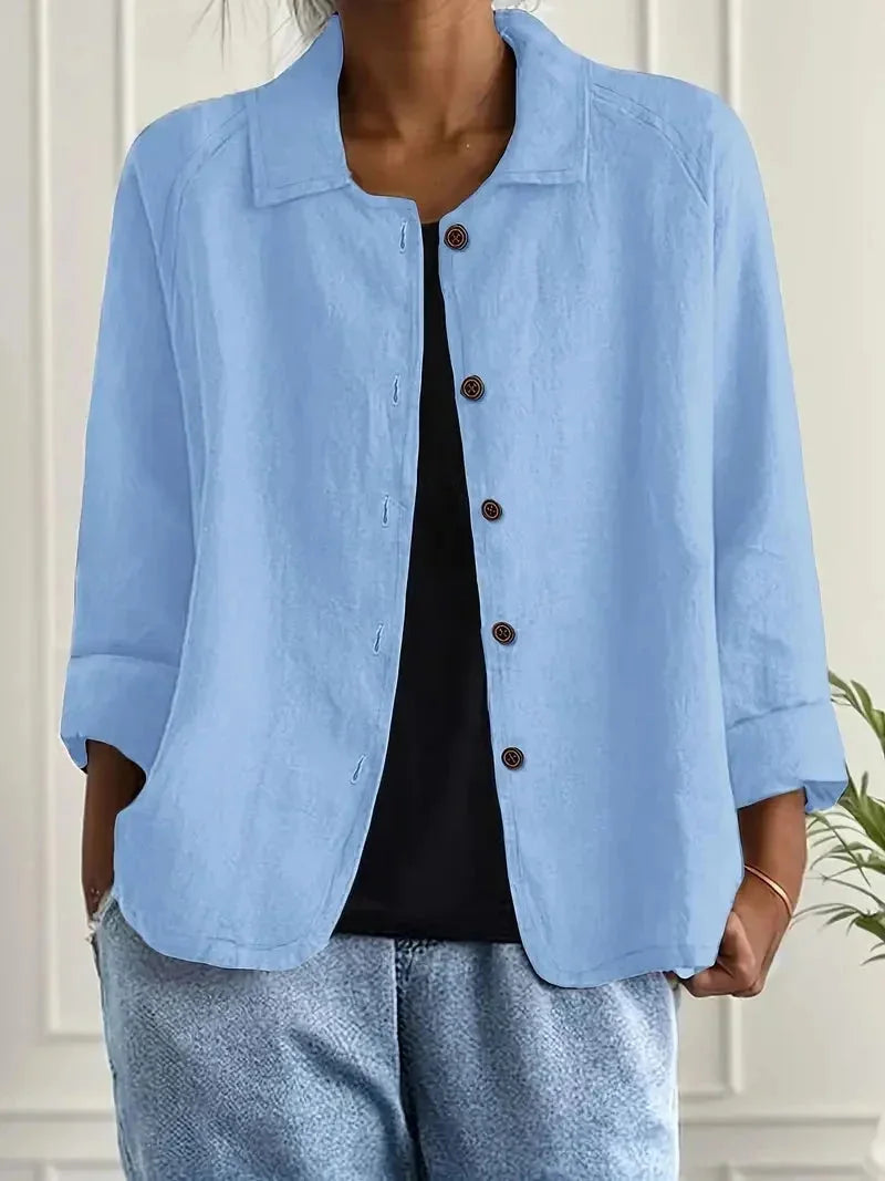 Light Blue Women's Button-Front Linen Jacket with Relaxed Fit