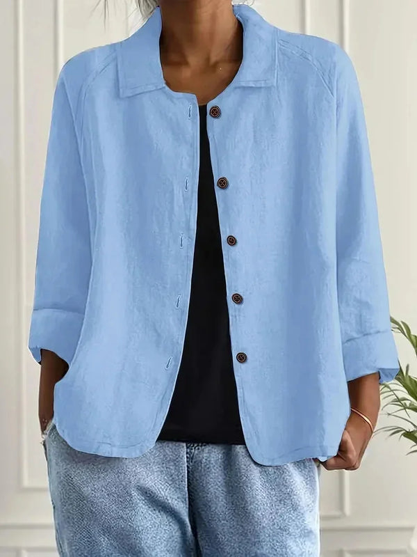 Light Blue Women's Button-Front Linen Jacket with Relaxed Fit