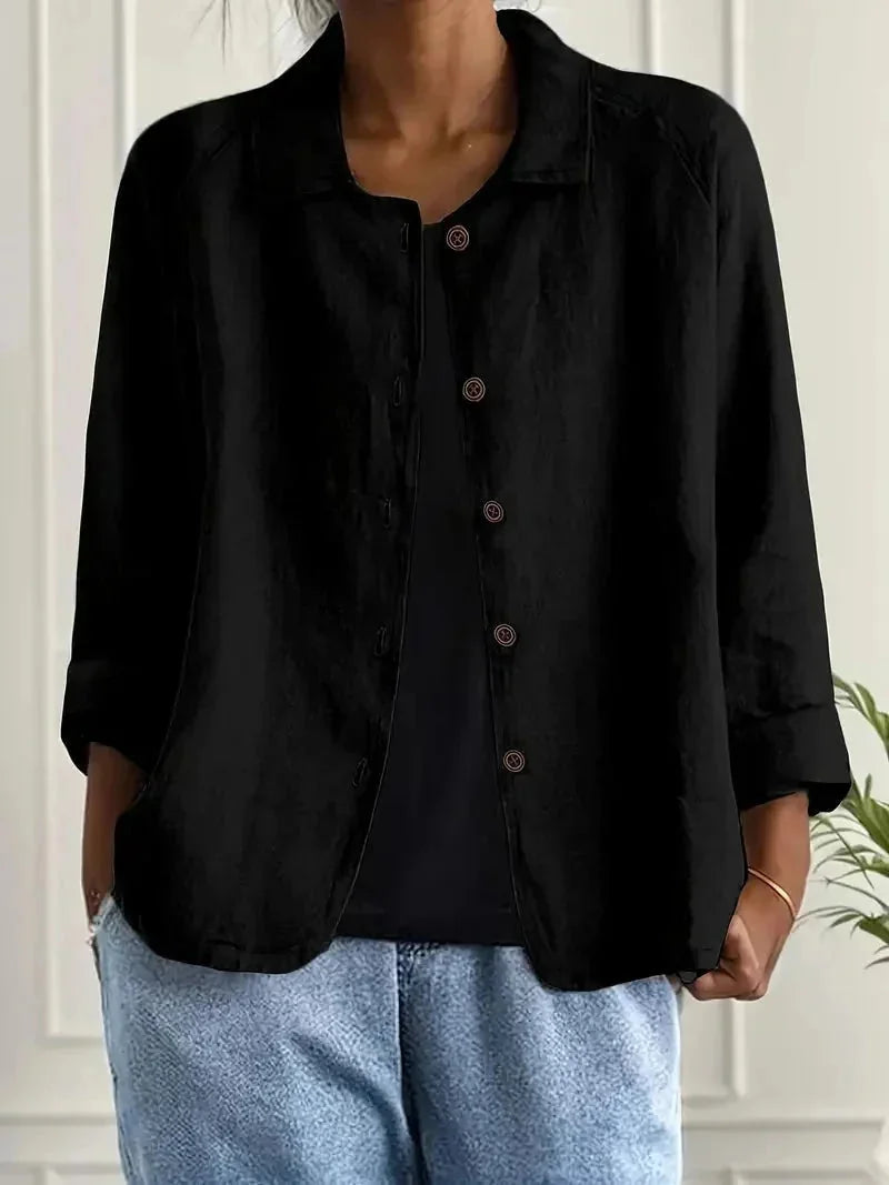Light Gray Women's Button-Front Linen Jacket with Relaxed Fit