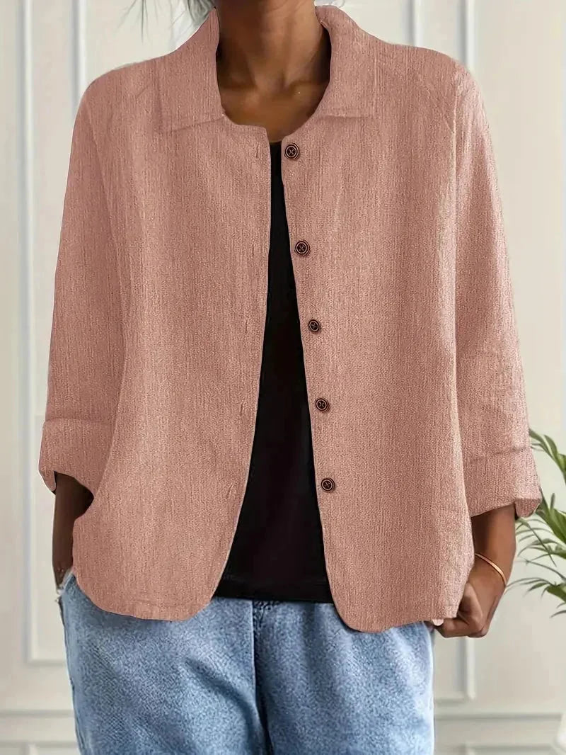 Pink Women's Button-Front Linen Jacket with Relaxed Fit