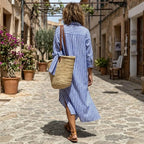 Women's Striped Shirt Dress with Long Sleeves & Relaxed Fit - Back Full
