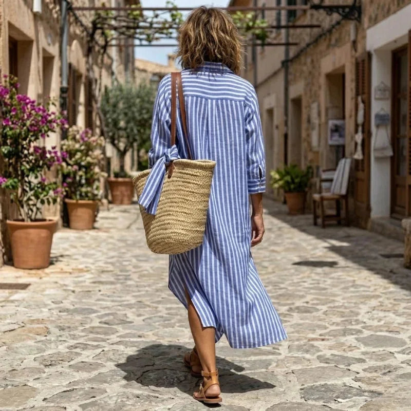 Women's Striped Shirt Dress with Long Sleeves & Relaxed Fit - Back Full