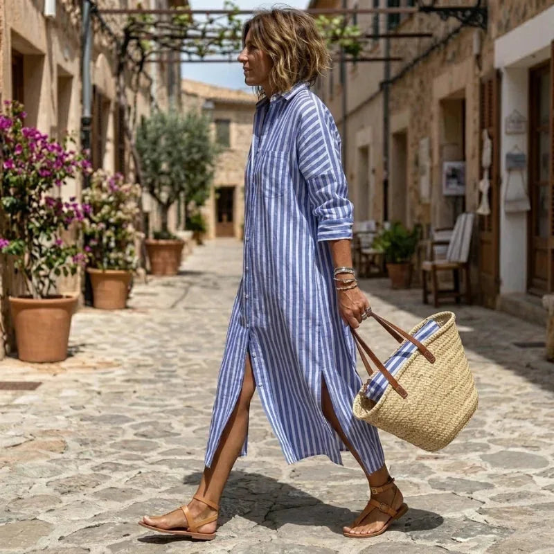 Women's Striped Shirt Dress with Long Sleeves & Relaxed Fit - Side Profile