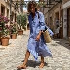 Women's Striped Shirt Dress with Long Sleeves & Relaxed Fit - Walking Full