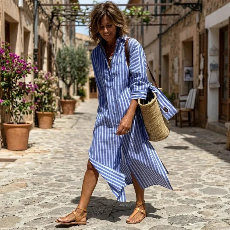 Women's Striped Shirt Dress with Long Sleeves & Relaxed Fit - Walking Full
