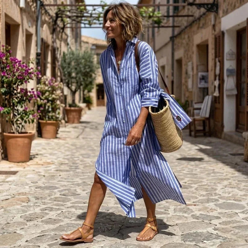 Blue Women's Striped Shirt Dress with Long Sleeves & Relaxed Fit