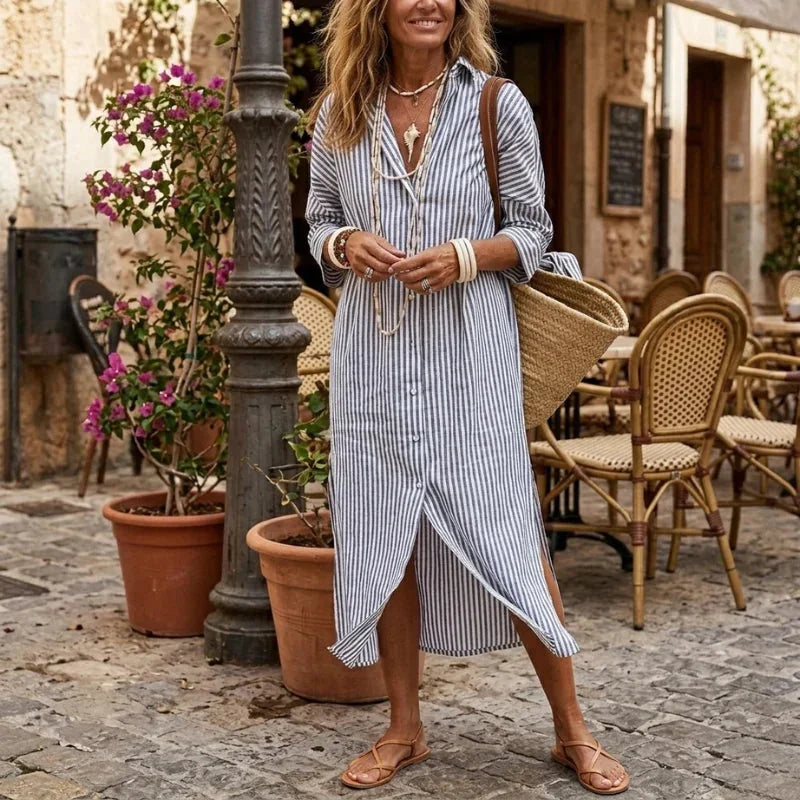 Light Gray Women's Striped Shirt Dress with Long Sleeves & Relaxed Fit