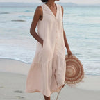 Beige Women's Button-Front Linen Midi Dress with V-Neck & Side Pockets