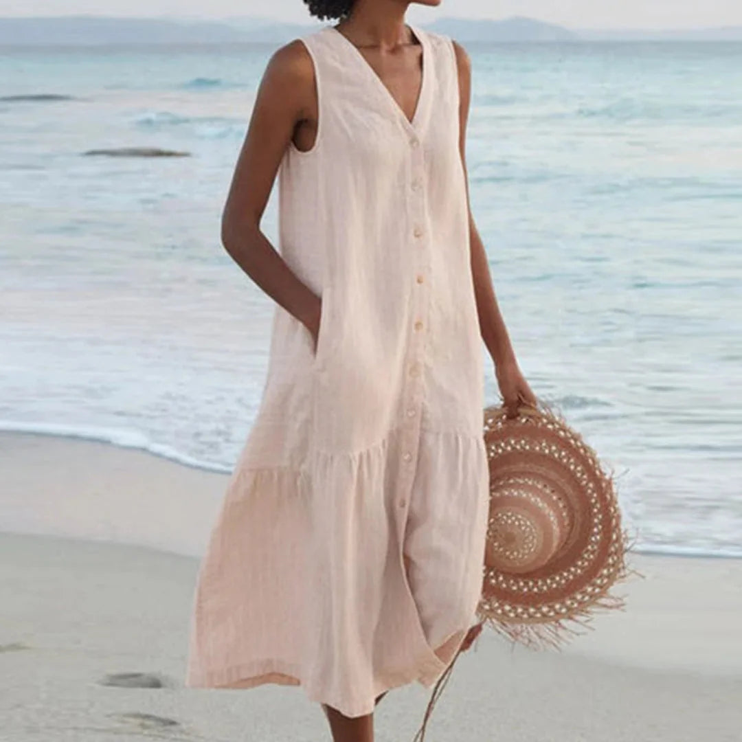 Beige Women's Button-Front Linen Midi Dress with V-Neck & Side Pockets
