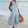 Women's Button-Front Linen Midi Dress with V-Neck & Side Pockets — Selene