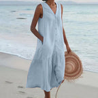 Blue Women's Button-Front Linen Midi Dress with V-Neck & Side Pockets