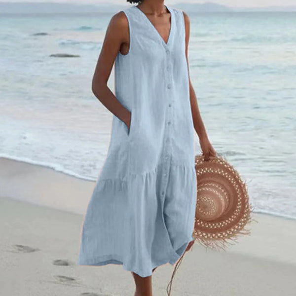 Blue Women's Button-Front Linen Midi Dress with V-Neck & Side Pockets