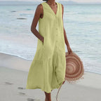Green Women's Button-Front Linen Midi Dress with V-Neck & Side Pockets