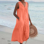 Orange Women's Button-Front Linen Midi Dress with V-Neck & Side Pockets