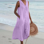 Lilac Women's Button-Front Linen Midi Dress with V-Neck & Side Pockets - Front Walking