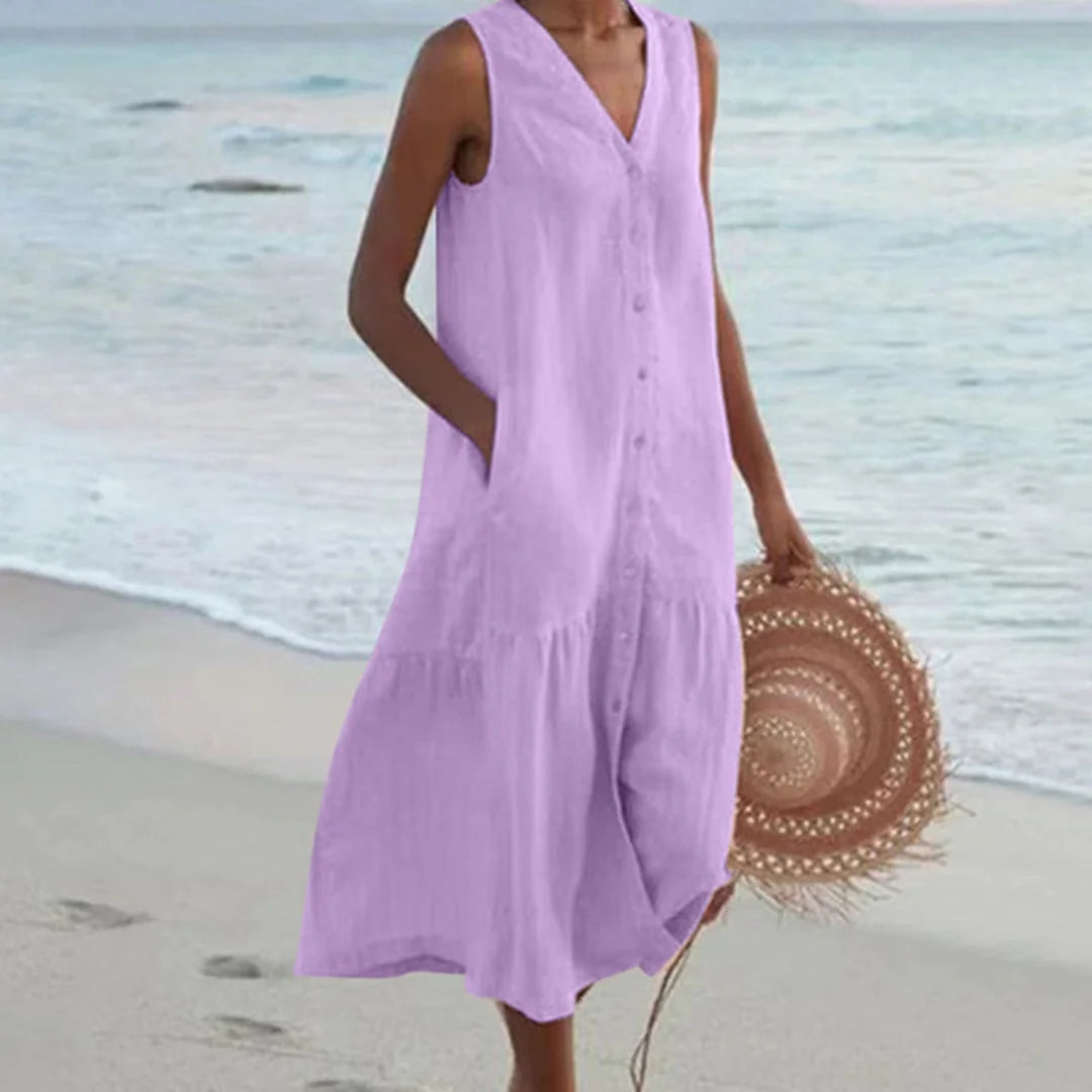 Lilac Women's Button-Front Linen Midi Dress with V-Neck & Side Pockets - Front Walking