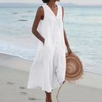 White Women's Button-Front Linen Midi Dress with V-Neck & Side Pockets - Front Turned