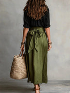 Women's Button-Front Top and Tie-Waist Midi Skirt Set - Green Back View