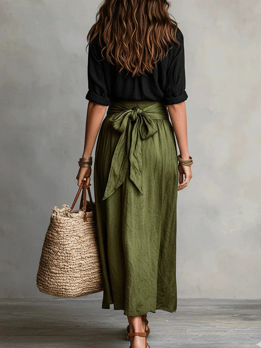 Women's Button-Front Top and Tie-Waist Midi Skirt Set - Green Back View