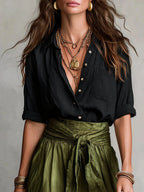 Women's Button-Front Top and Tie-Waist Midi Skirt Set - Green Close Up Neckline