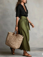 Women's Button-Front Top and Tie-Waist Midi Skirt Set - Green Side Pose