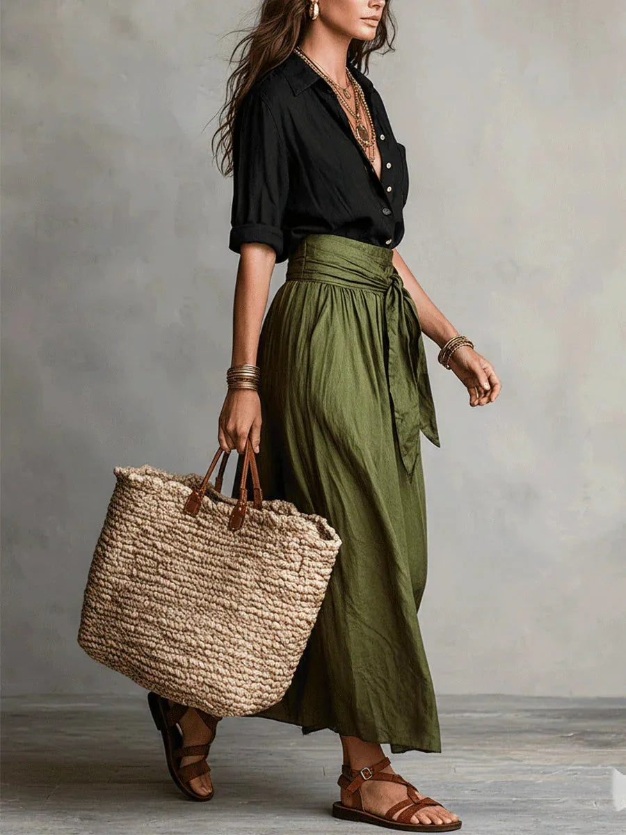Women's Button-Front Top and Tie-Waist Midi Skirt Set - Green Side Pose