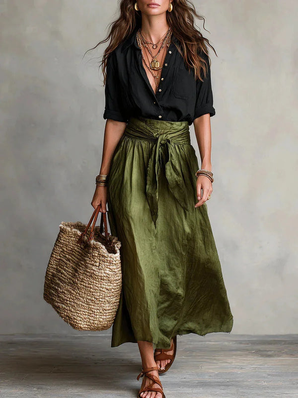 Black Green Women's Button-Front Top and Tie-Waist Midi Skirt Set