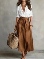 Brown Women's Button-Front Top and Tie-Waist Midi Skirt Set