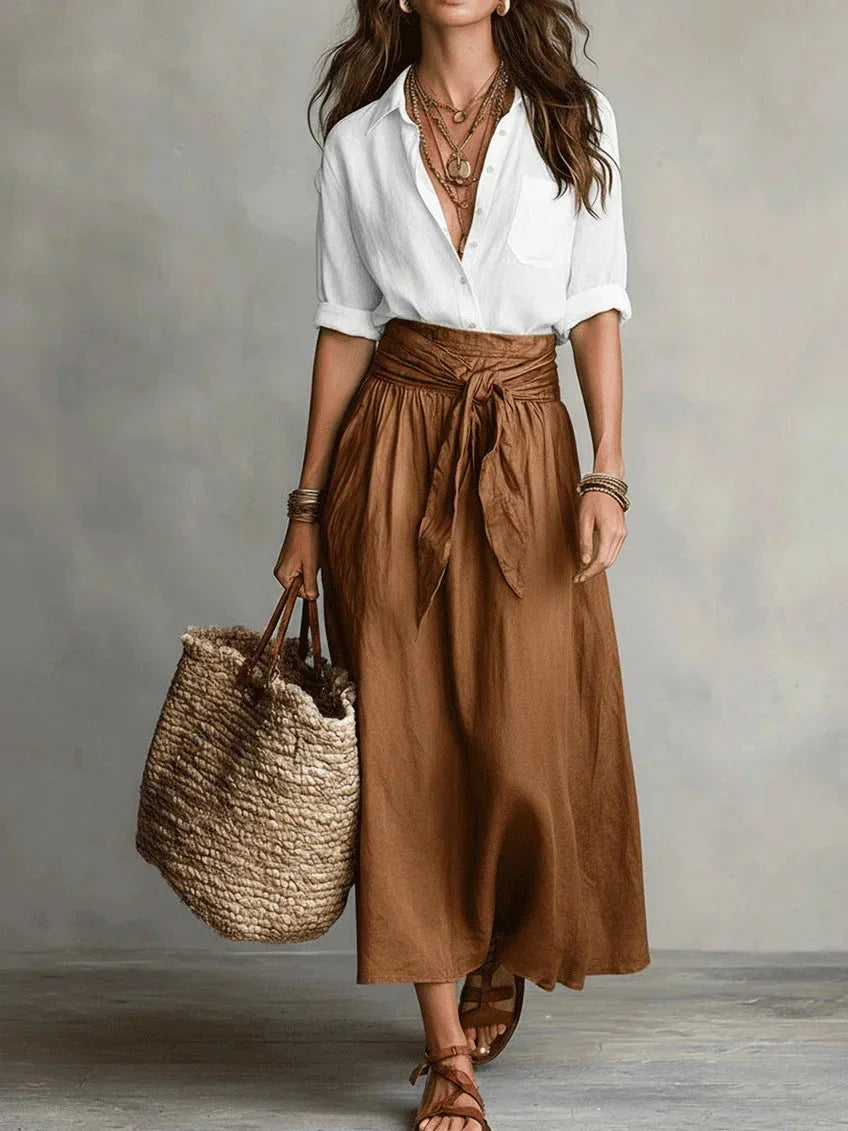 Brown Women's Button-Front Top and Tie-Waist Midi Skirt Set