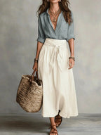 Light Blue Women's Button-Front Top and Tie-Waist Midi Skirt Set