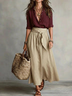 Red Women's Button-Front Top and Tie-Waist Midi Skirt Set