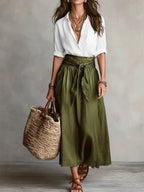 White Women's Button-Front Top and Tie-Waist Midi Skirt Set