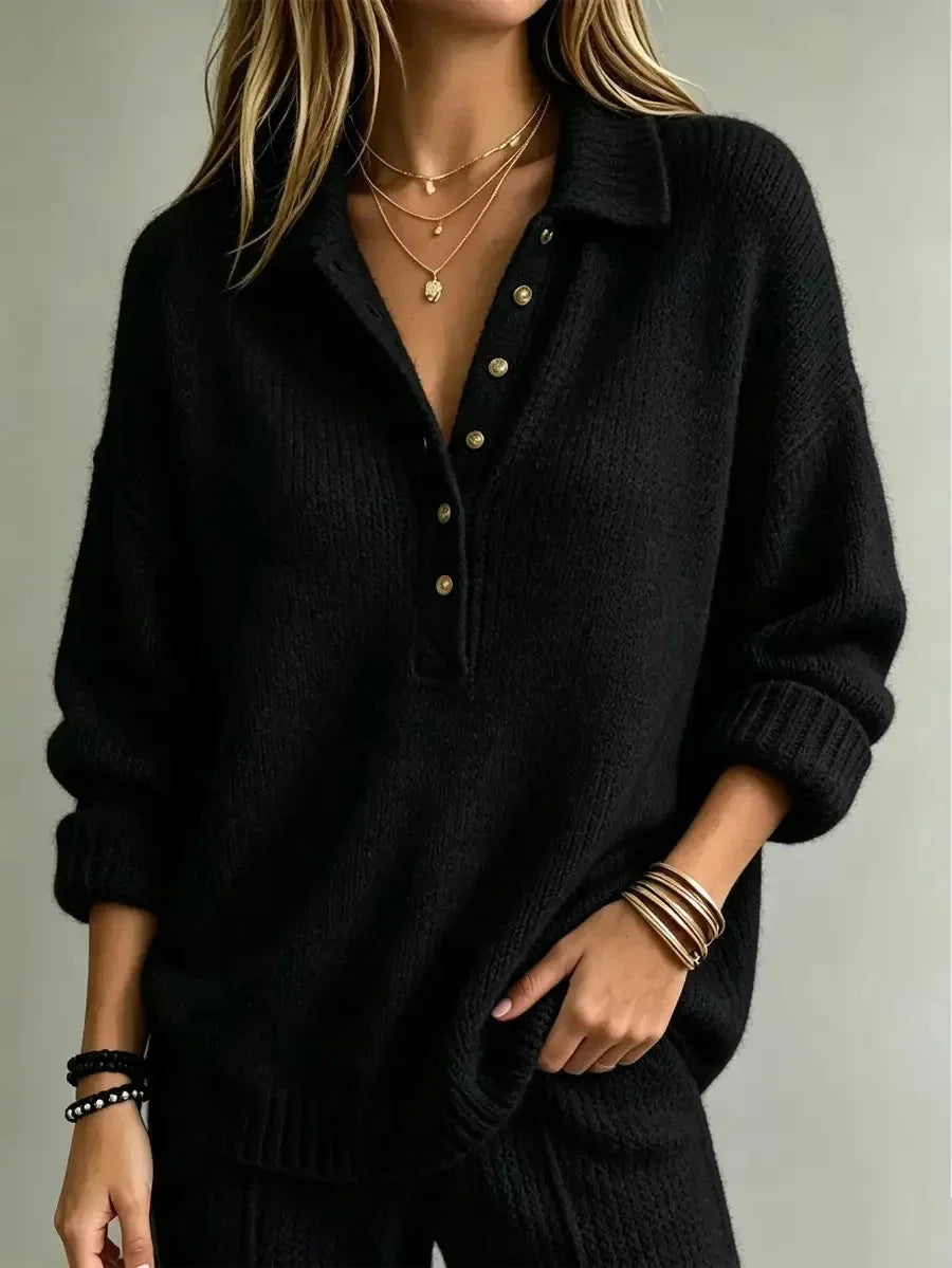Women's Polo Sweater with Button-Front Collar & Long Sleeves