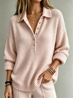 Women's Polo Sweater with Button-Front Collar & Long Sleeves