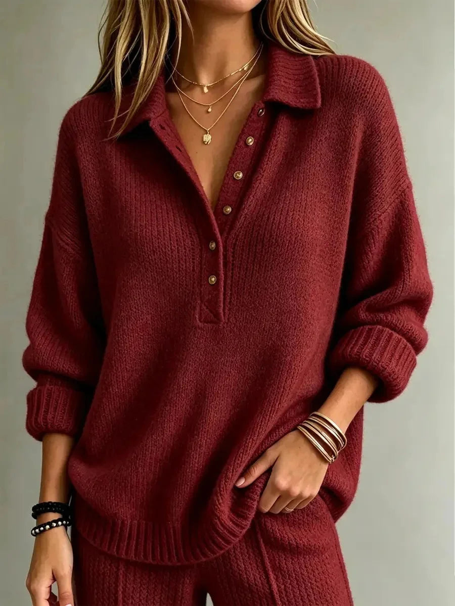 Red Women's Polo Sweater with Button-Front Collar & Long Sleeves — Kiera