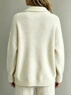 White Women's Polo Sweater with Button-Front Collar & Long Sleeves — Kiera - Back Detail