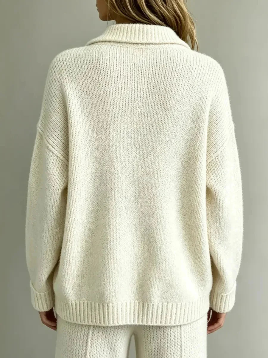 White Women's Polo Sweater with Button-Front Collar & Long Sleeves — Kiera - Back Detail