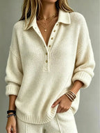 White Women's Polo Sweater with Button-Front Collar & Long Sleeves — Kiera