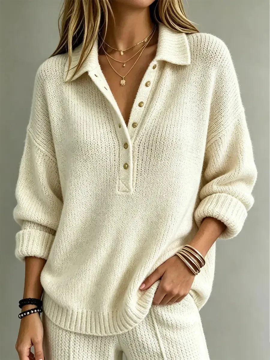 White Women's Polo Sweater with Button-Front Collar & Long Sleeves — Kiera