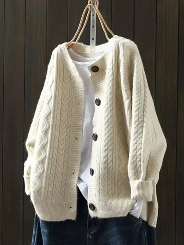 Beige Women's Cable Knit Cardigan with Button Front & Relaxed Oversized Fit — Arabella
