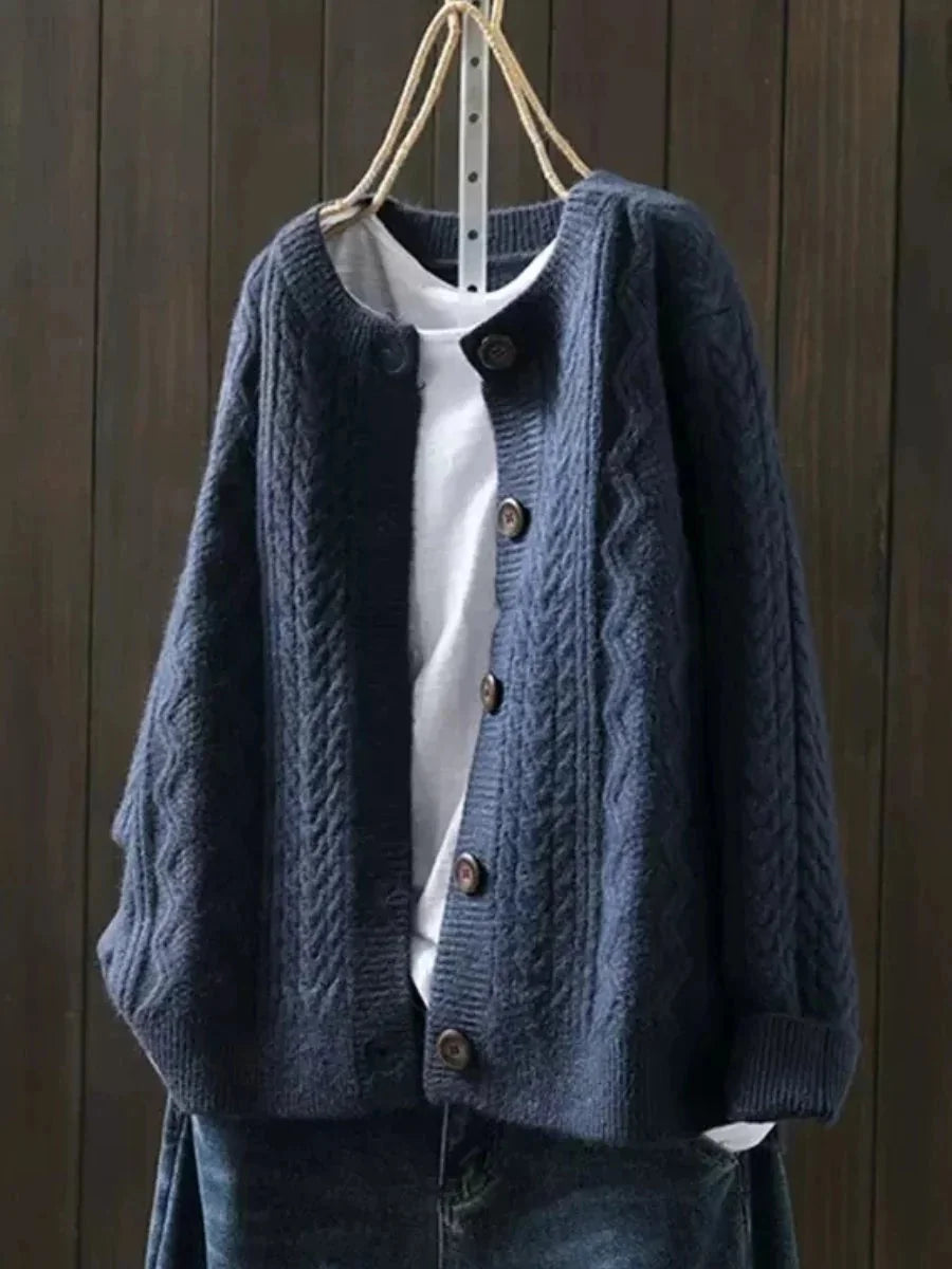 Navy Blue Women's Cable Knit Cardigan with Button Front & Relaxed Oversized Fit — Arabella