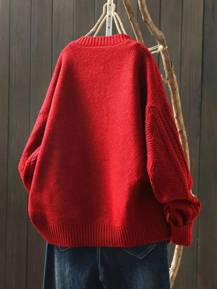 Red Women's Cable Knit Cardigan with Button Front & Relaxed Oversized Fit — Arabella - Back Full