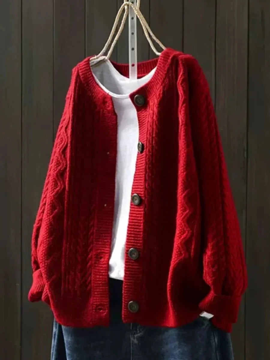 Red Women's Cable Knit Cardigan with Button Front & Relaxed Oversized Fit — Arabella