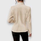 Beige Women's Cable Knit Sweater Jacket with Mock Neck & Button-Front Closure — Mira - Back Detail