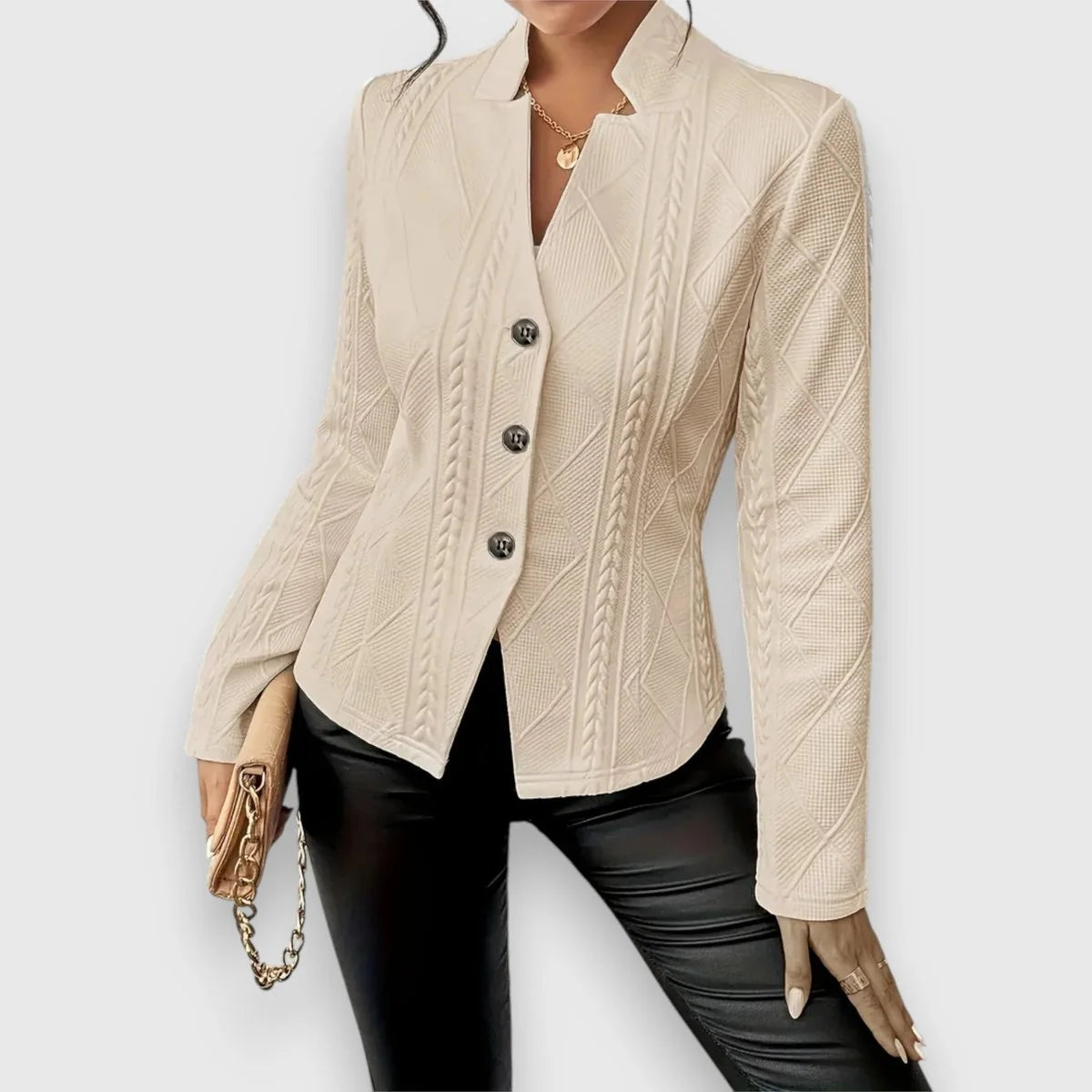 Beige Women's Cable Knit Sweater Jacket with Mock Neck & Button-Front Closure — Mira - Front Collar Detail
