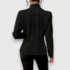 Black Women's Cable Knit Sweater Jacket with Mock Neck & Button-Front Closure — Mira - Back Pose