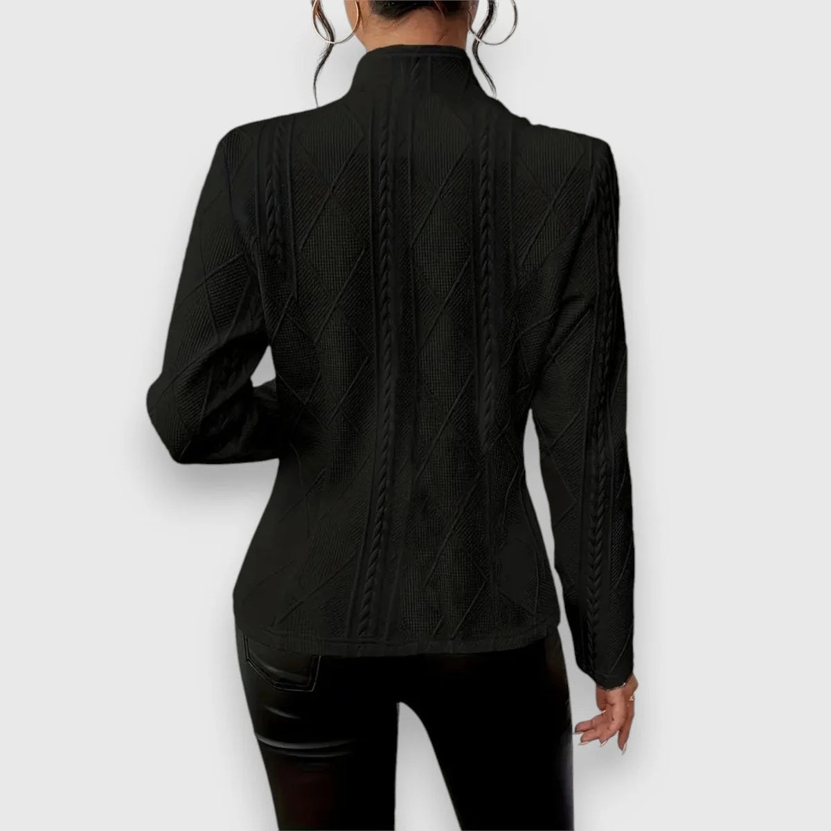 Black Women's Cable Knit Sweater Jacket with Mock Neck & Button-Front Closure — Mira - Back Pose